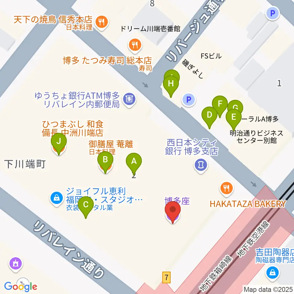 博多座周辺のファミレス・ファーストフード一覧地図