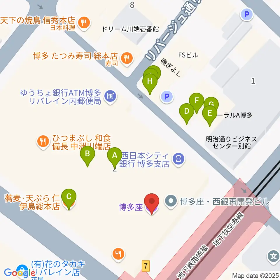 博多座周辺のファミレス・ファーストフード一覧地図
