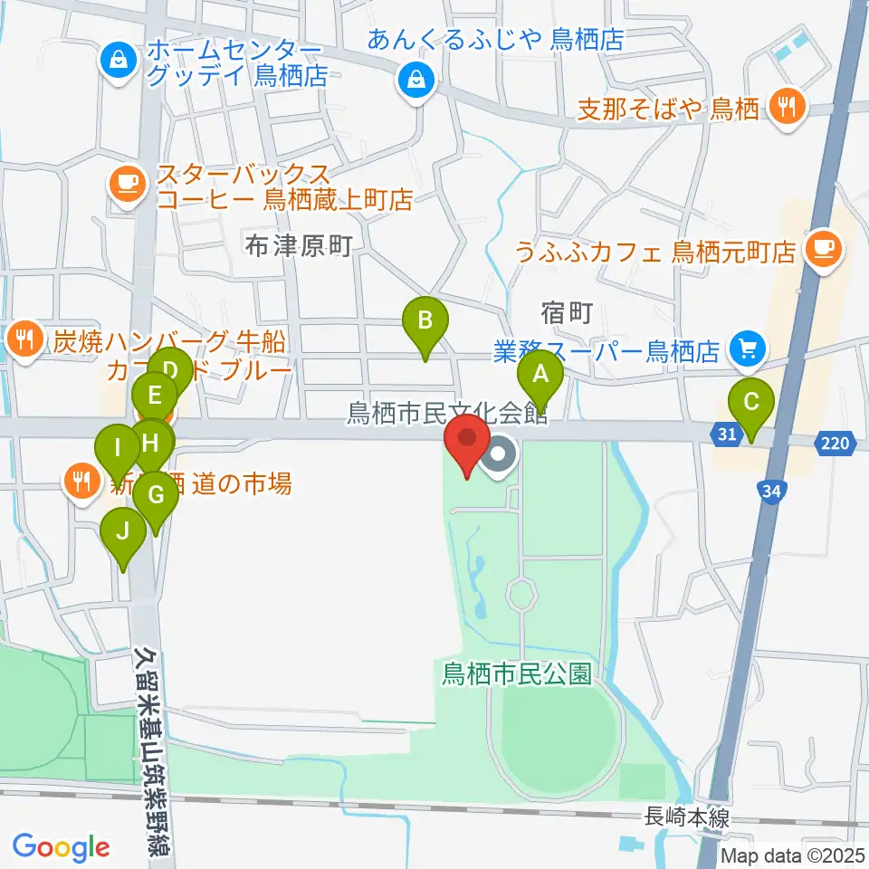 鳥栖市民文化会館周辺のファミレス・ファーストフード一覧地図