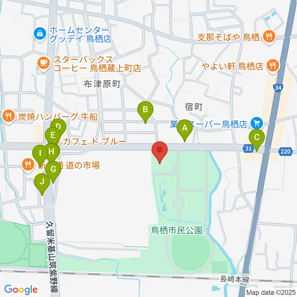 鳥栖市民文化会館周辺のファミレス・ファーストフード一覧地図