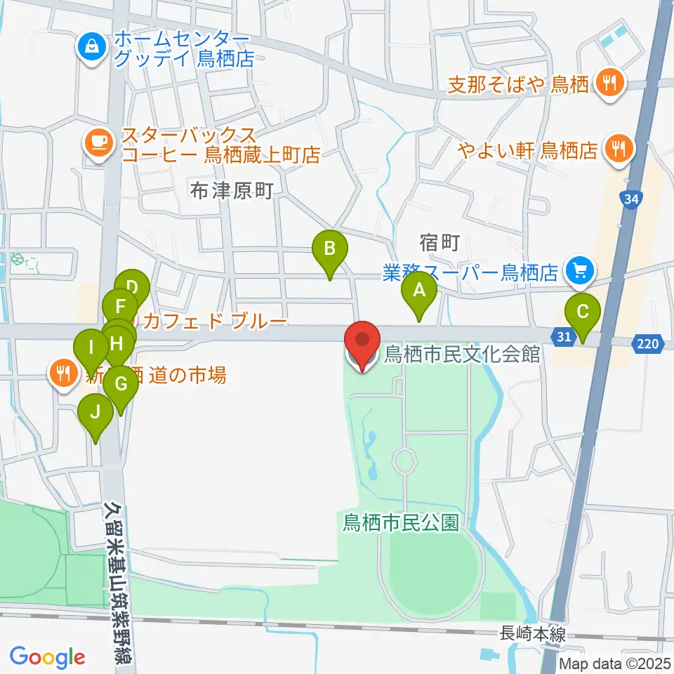 鳥栖市民文化会館周辺のファミレス・ファーストフード一覧地図