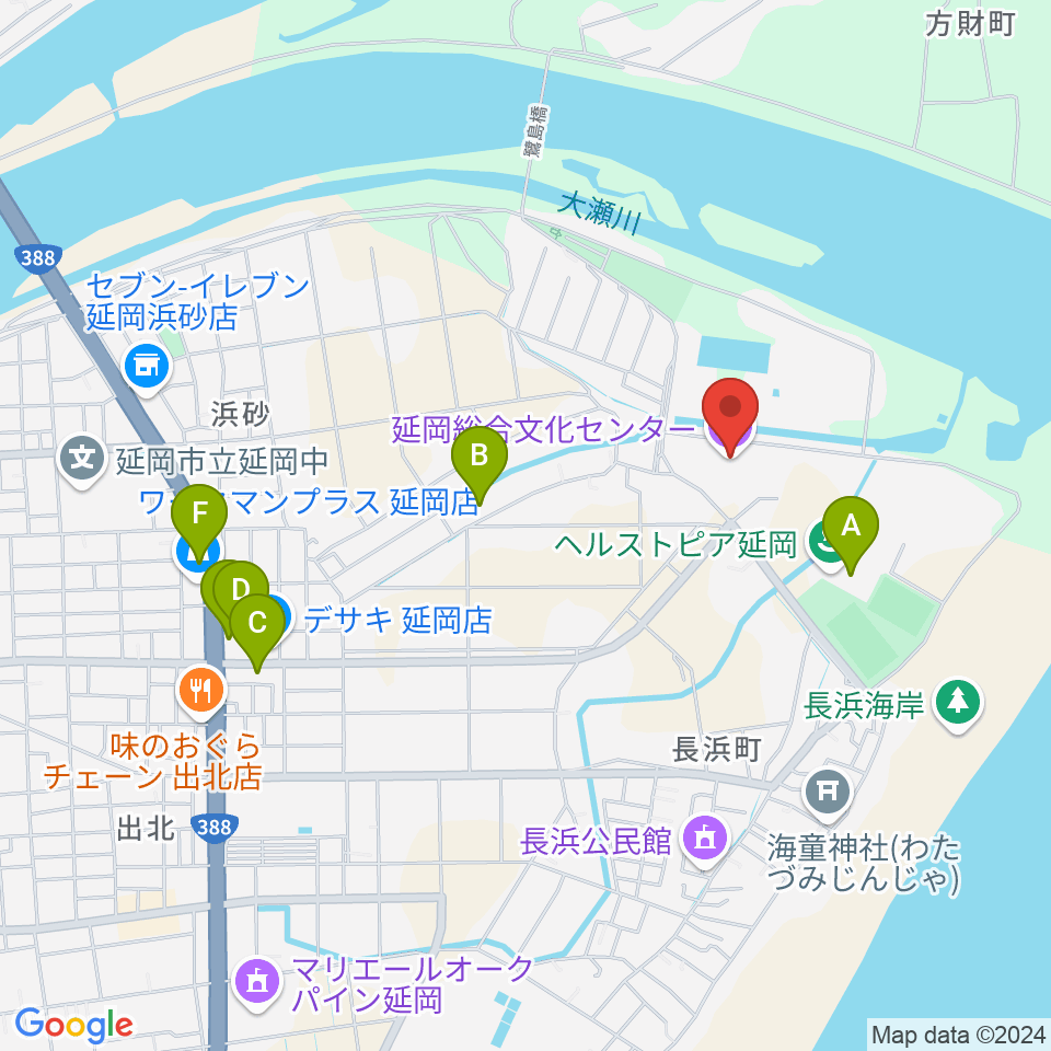 延岡総合文化センター周辺のファミレス・ファーストフード一覧地図