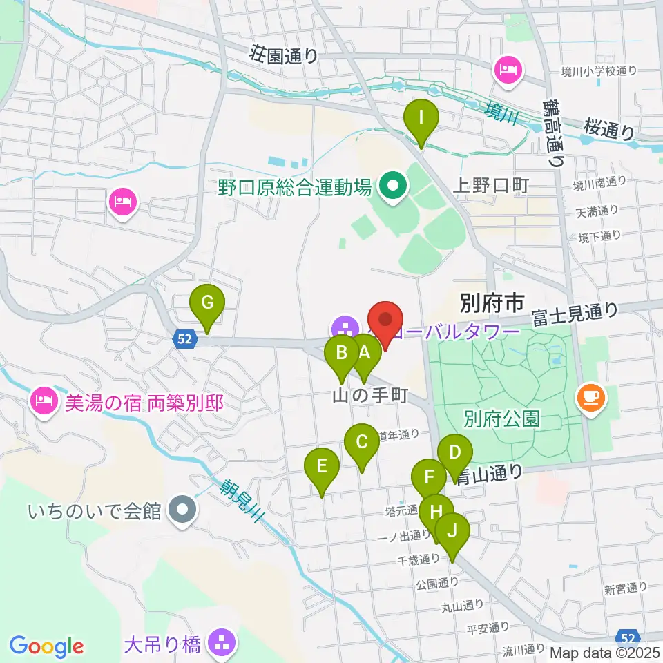 別府ビーコンプラザ・フィルハーモニアホール周辺のファミレス・ファーストフード一覧地図