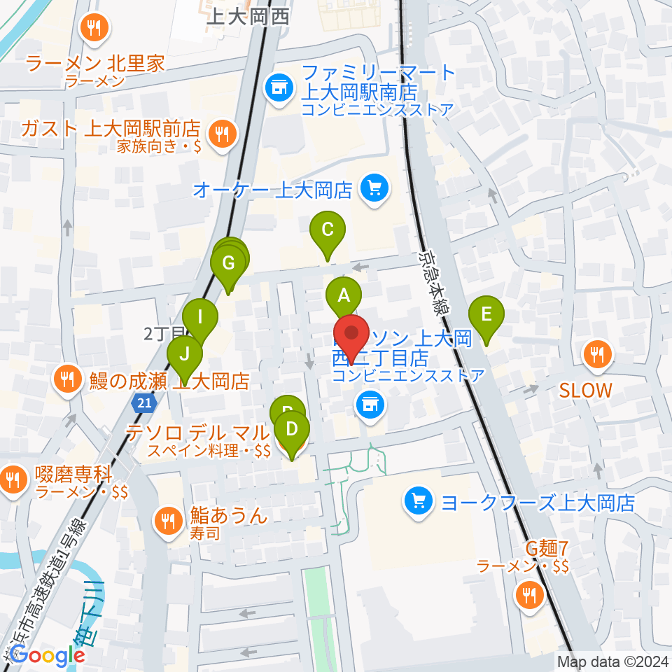 上大岡ギタースクール周辺のファミレス・ファーストフード一覧地図