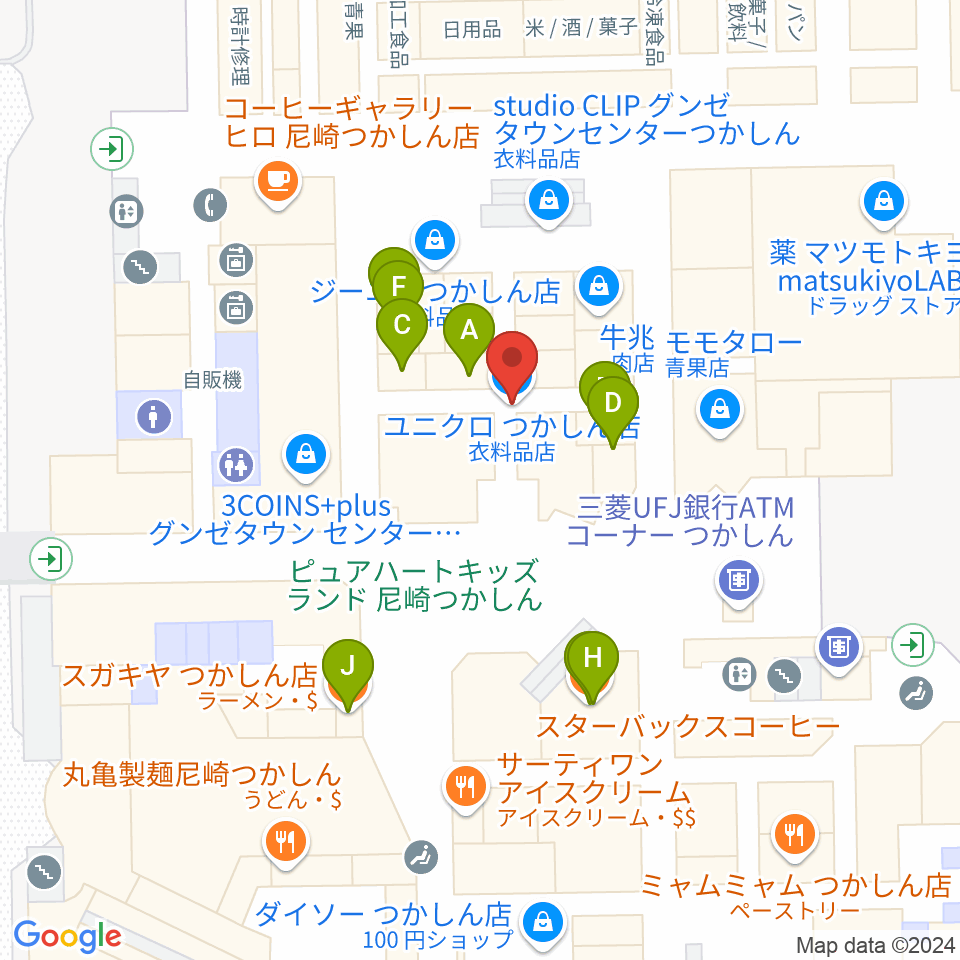 つかしんカルチャーセンター周辺のファミレス・ファーストフード一覧地図