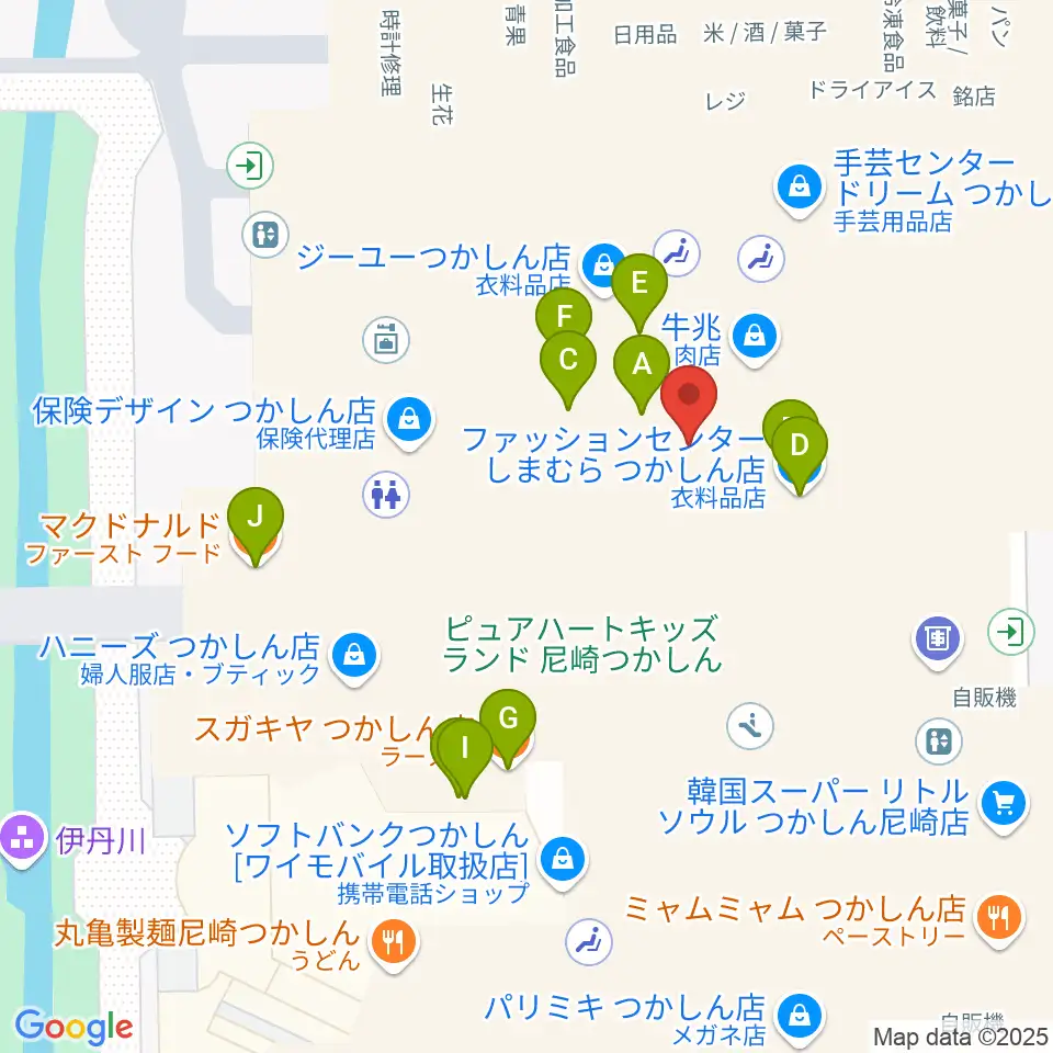 つかしんカルチャーセンター周辺のファミレス・ファーストフード一覧地図
