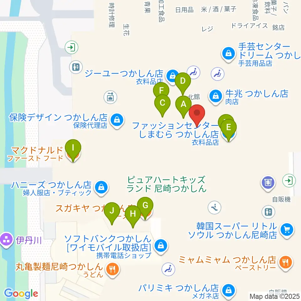 つかしんカルチャーセンター周辺のファミレス・ファーストフード一覧地図