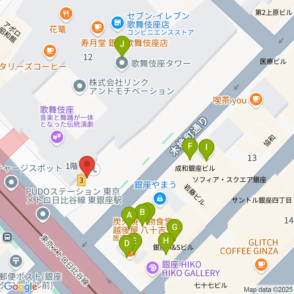 歌舞伎座周辺のファミレス・ファーストフード一覧地図