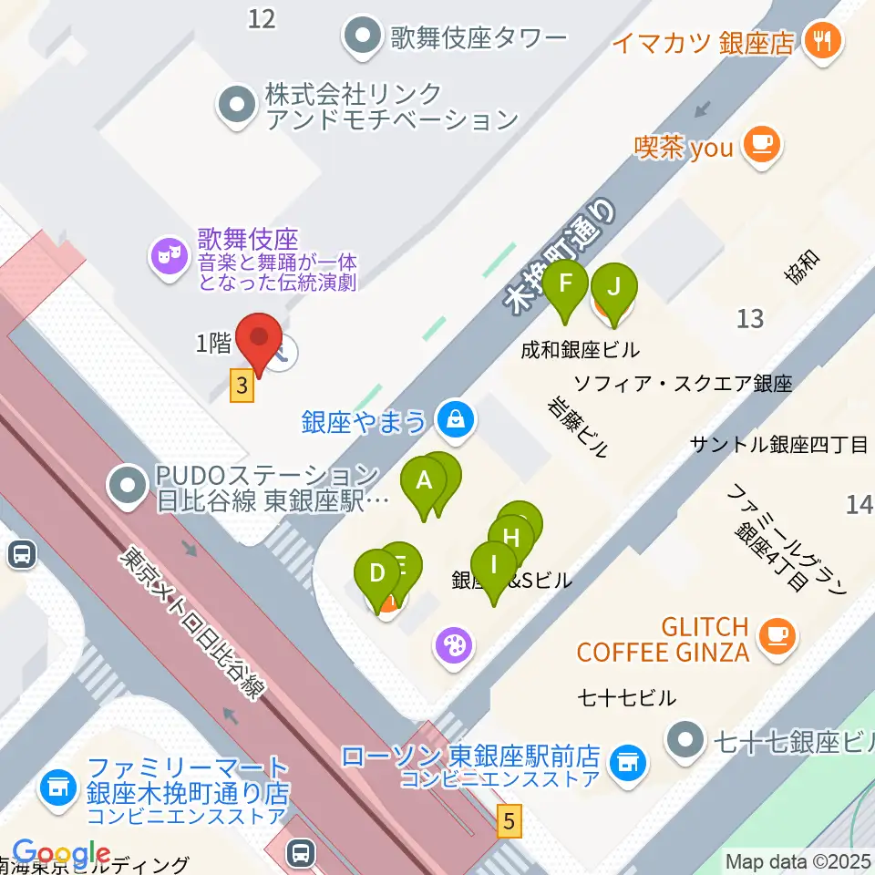 歌舞伎座周辺のファミレス・ファーストフード一覧地図
