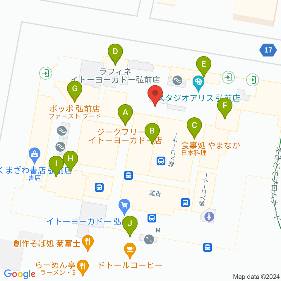 ヨークカルチャーセンター弘前周辺のファミレス・ファーストフード一覧地図