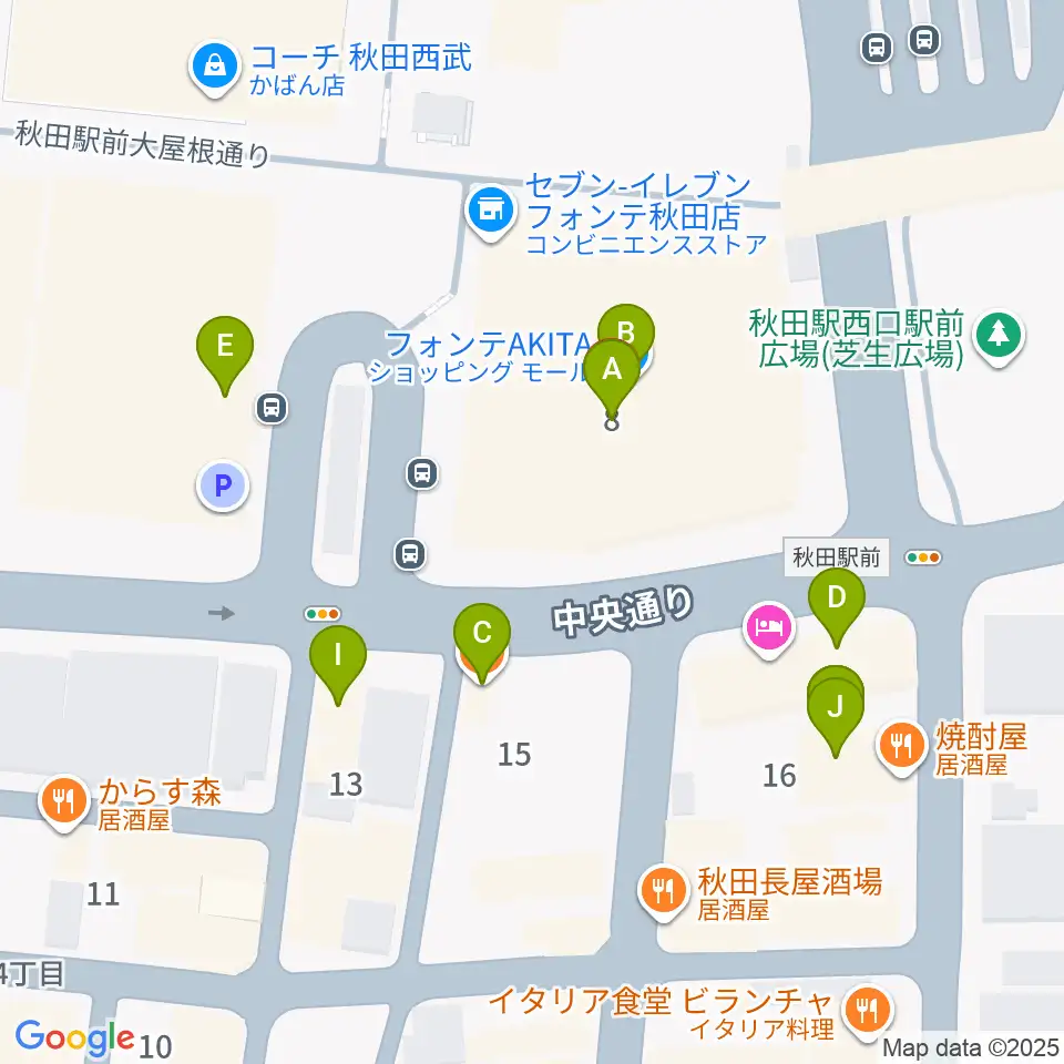 秋田カルチャースクール周辺のファミレス・ファーストフード一覧地図