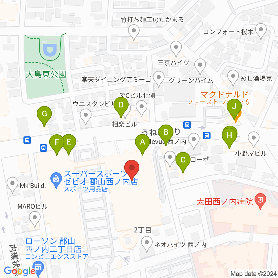 ヨークカルチャーセンター郡山周辺のファミレス・ファーストフード一覧地図