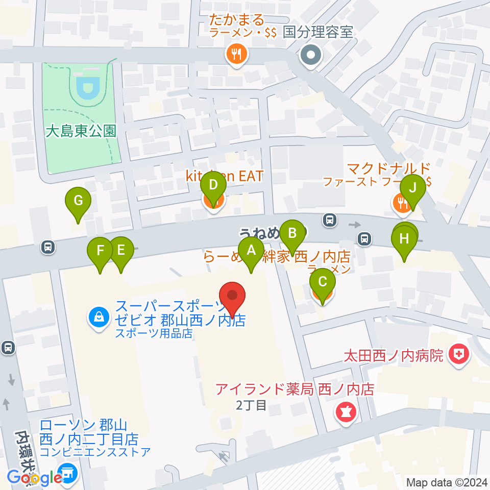 ヨークカルチャーセンター郡山周辺のファミレス・ファーストフード一覧地図