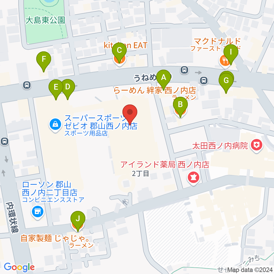 ヨークカルチャーセンター郡山周辺のファミレス・ファーストフード一覧地図