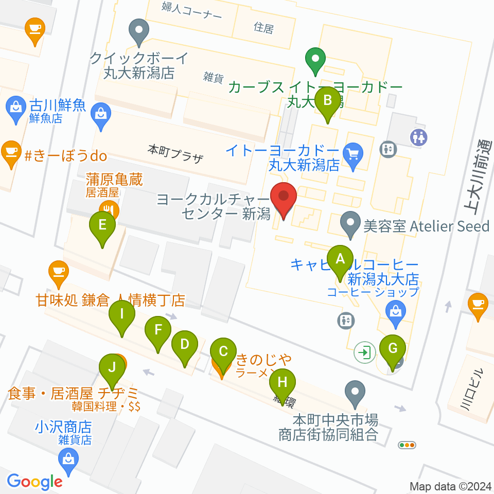 ヨークカルチャーセンター新潟周辺のファミレス・ファーストフード一覧地図
