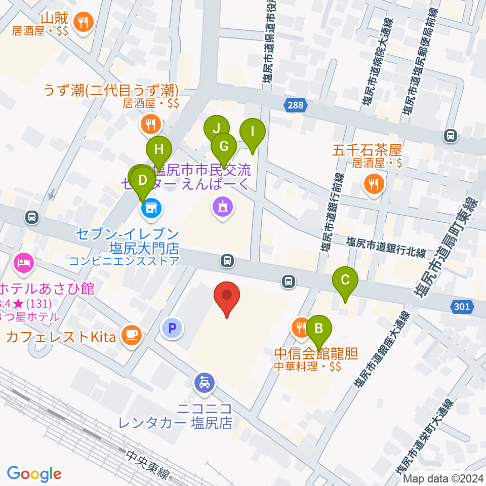 塩尻市民カルチャーセンター周辺のファミレス・ファーストフード一覧地図