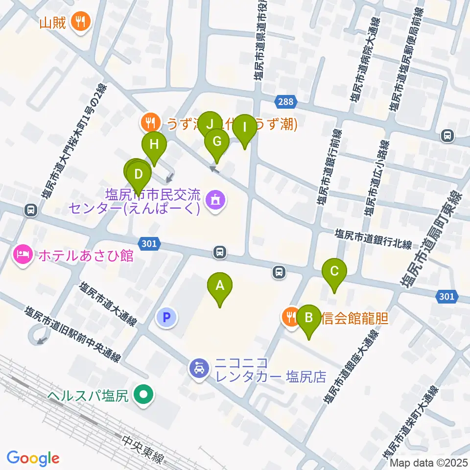 塩尻市民カルチャーセンター周辺のファミレス・ファーストフード一覧地図
