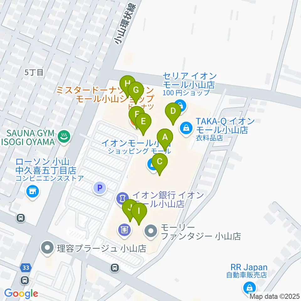 小山カルチャーセンター周辺のファミレス・ファーストフード一覧地図