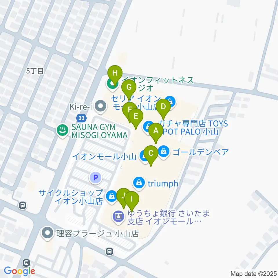 小山カルチャーセンター周辺のファミレス・ファーストフード一覧地図