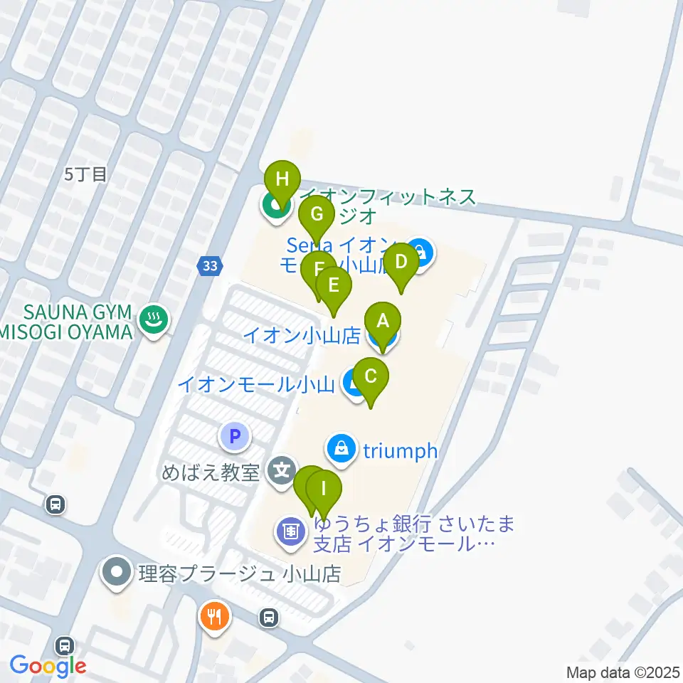 小山カルチャーセンター周辺のファミレス・ファーストフード一覧地図