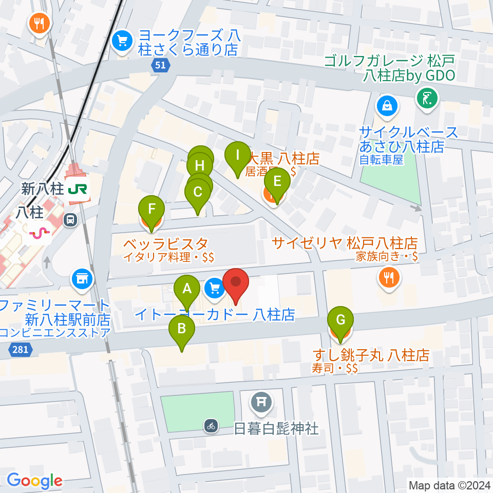 ヨークカルチャーセンター八柱周辺のファミレス・ファーストフード一覧地図