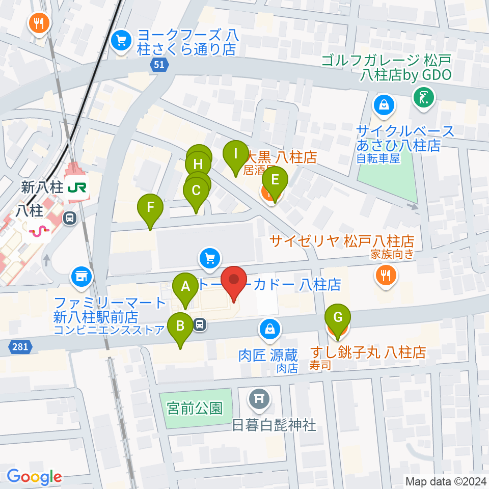 ヨークカルチャーセンター八柱周辺のファミレス・ファーストフード一覧地図