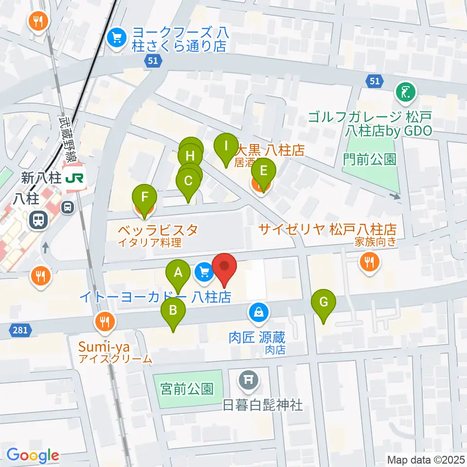ヨークカルチャーセンター八柱周辺のファミレス・ファーストフード一覧地図