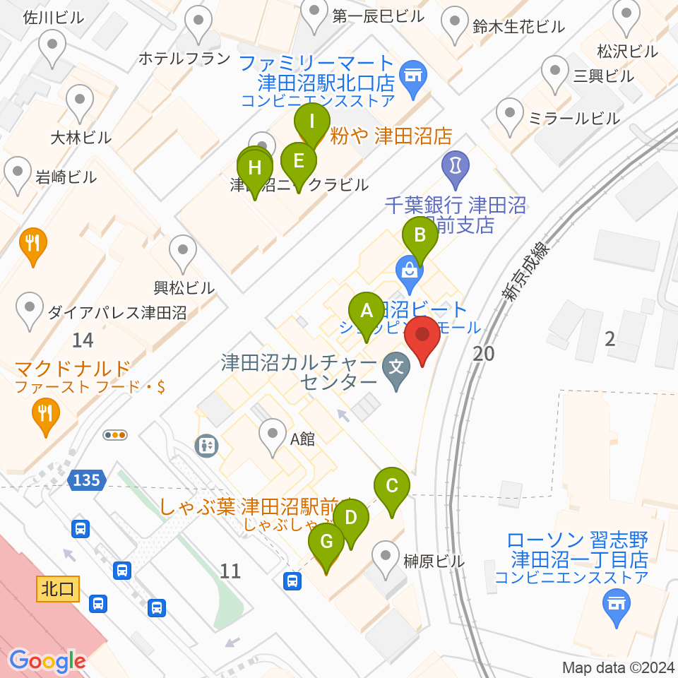 津田沼カルチャーセンター周辺のファミレス・ファーストフード一覧地図