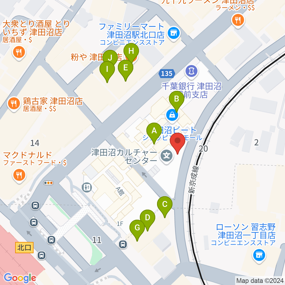 津田沼カルチャーセンター周辺のファミレス・ファーストフード一覧地図