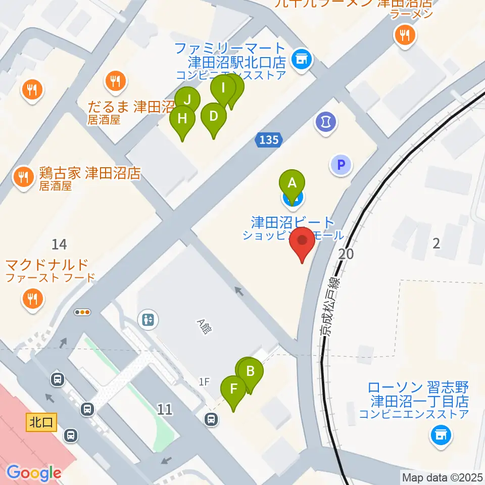 津田沼カルチャーセンター周辺のファミレス・ファーストフード一覧地図