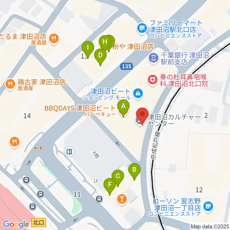 津田沼カルチャーセンター周辺のファミレス・ファーストフード一覧地図