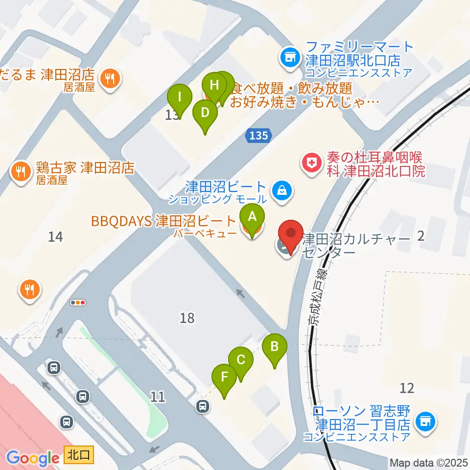 津田沼カルチャーセンター周辺のファミレス・ファーストフード一覧地図