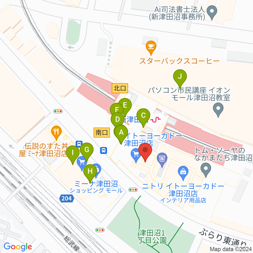 ヨークカルチャーセンター津田沼周辺のファミレス・ファーストフード一覧地図