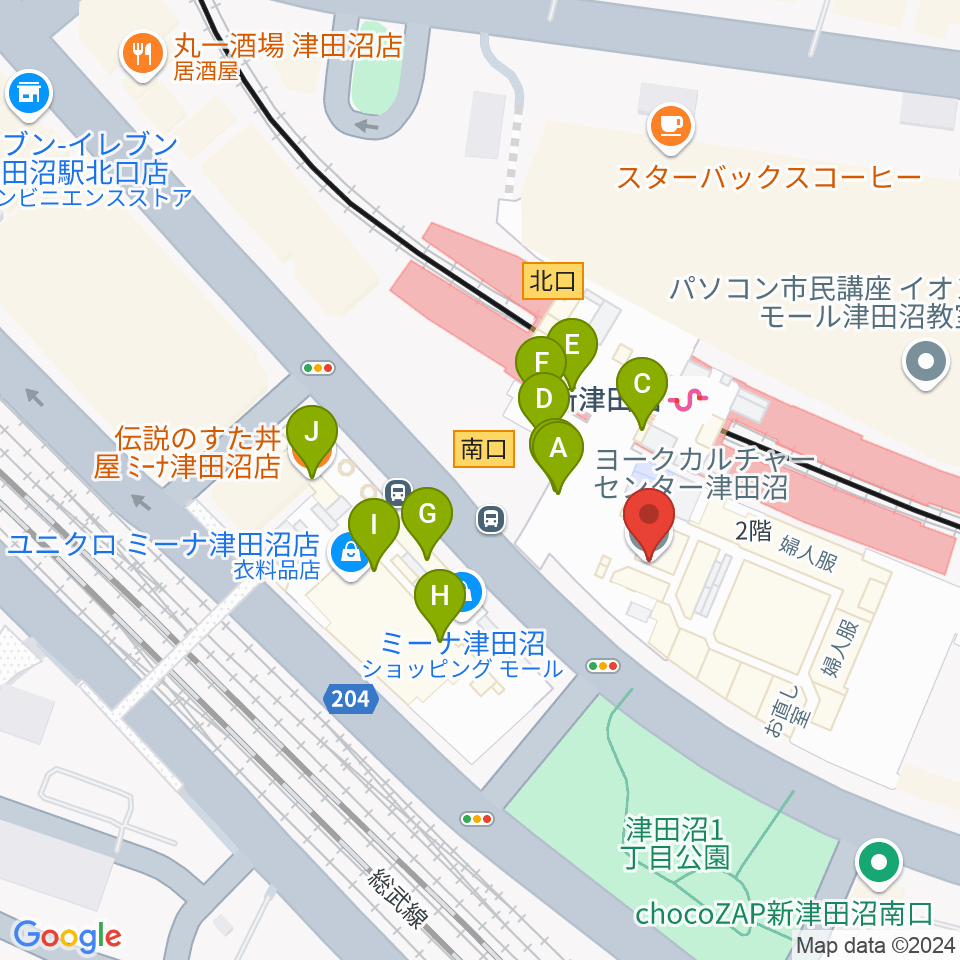 ヨークカルチャーセンター津田沼周辺のファミレス・ファーストフード一覧地図