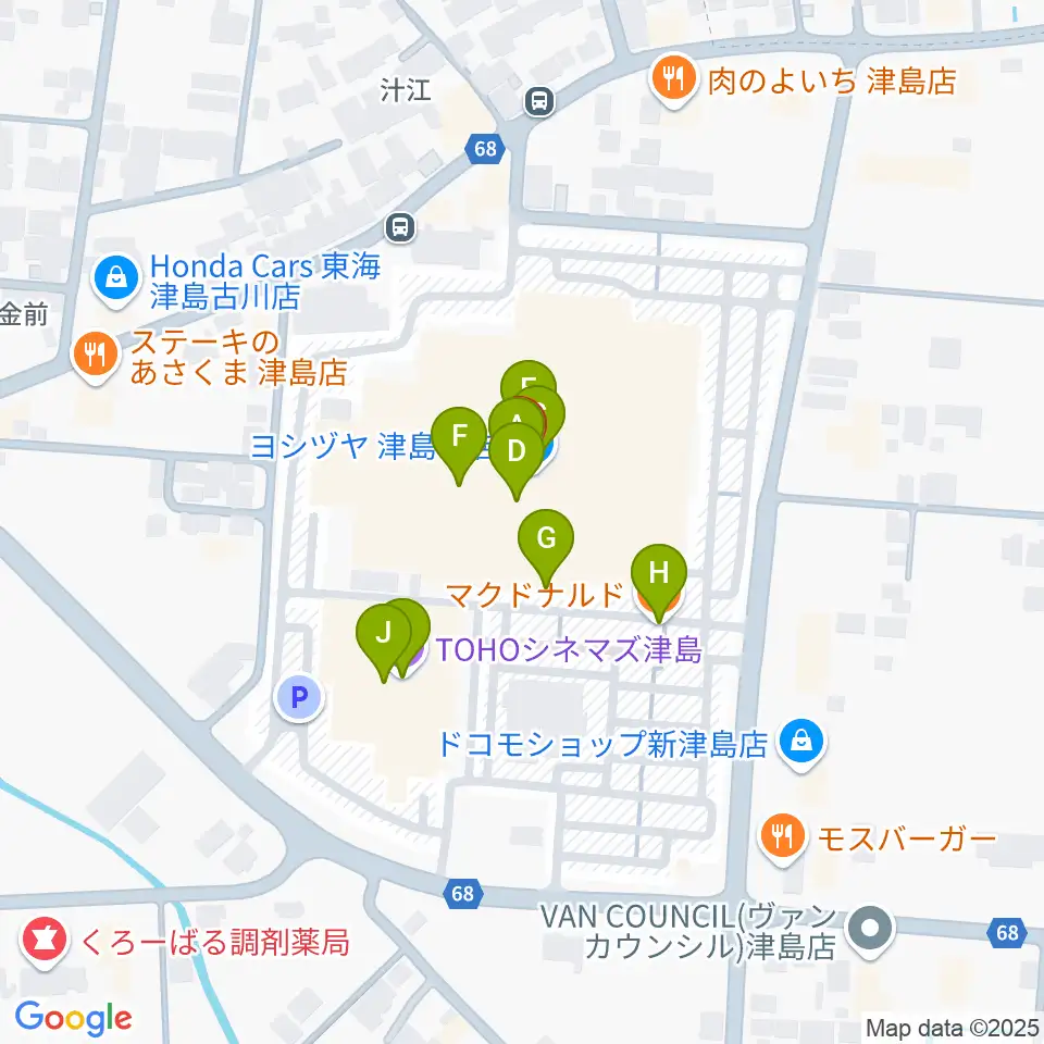 矢木楽器店 ヨシヅヤ津島センター周辺のファミレス・ファーストフード一覧地図
