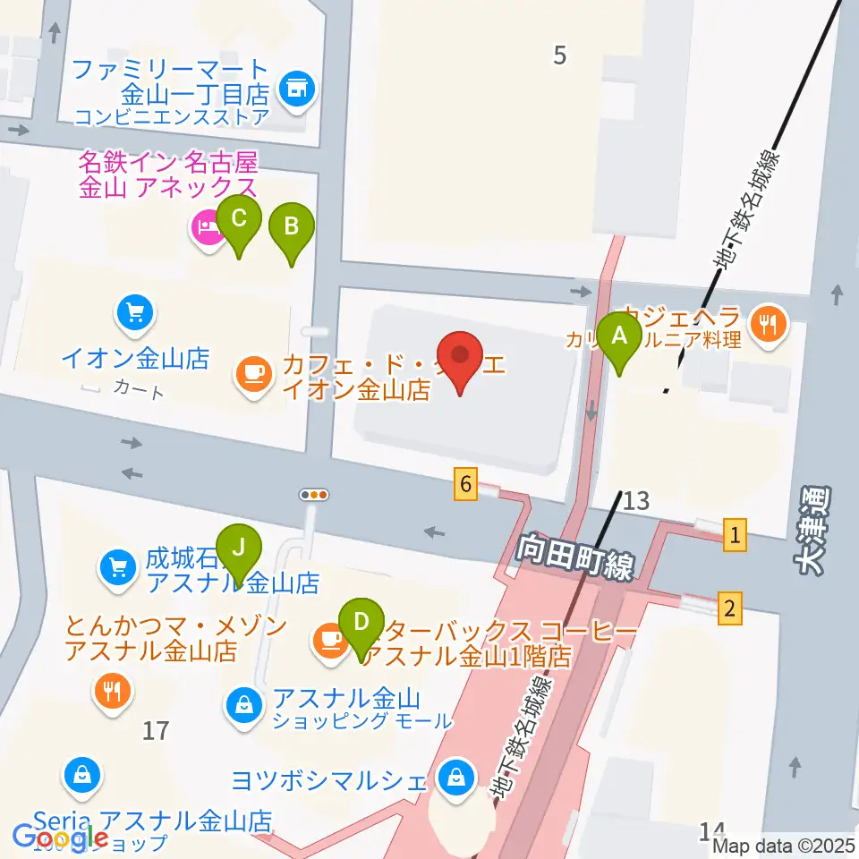 ヨモギヤ楽器 金山センター周辺のファミレス・ファーストフード一覧地図
