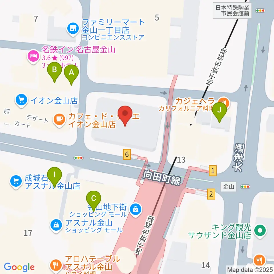 ヨモギヤ楽器 金山センター周辺のファミレス・ファーストフード一覧地図