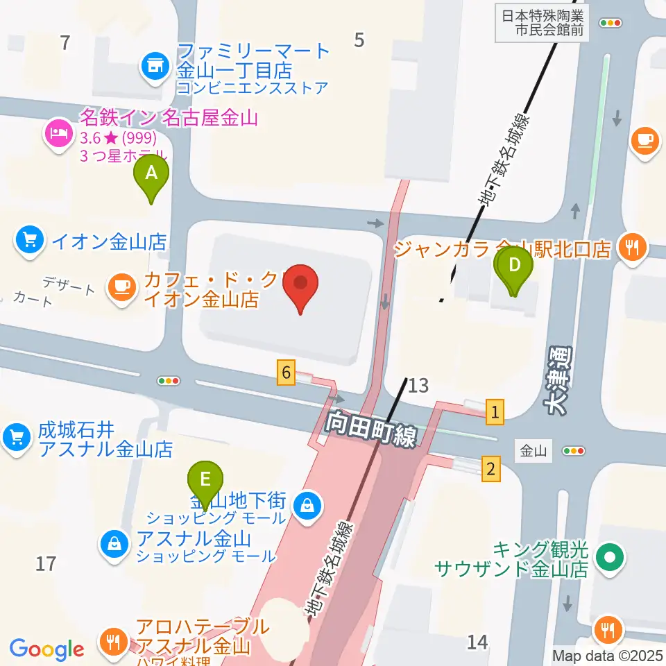 ヨモギヤ楽器 金山センター周辺のファミレス・ファーストフード一覧地図