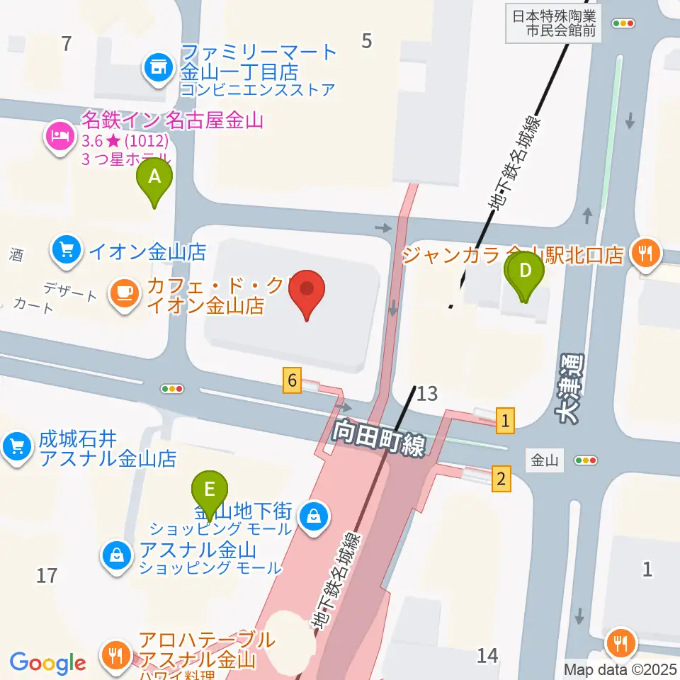 ヨモギヤ楽器 金山センター周辺のファミレス・ファーストフード一覧地図