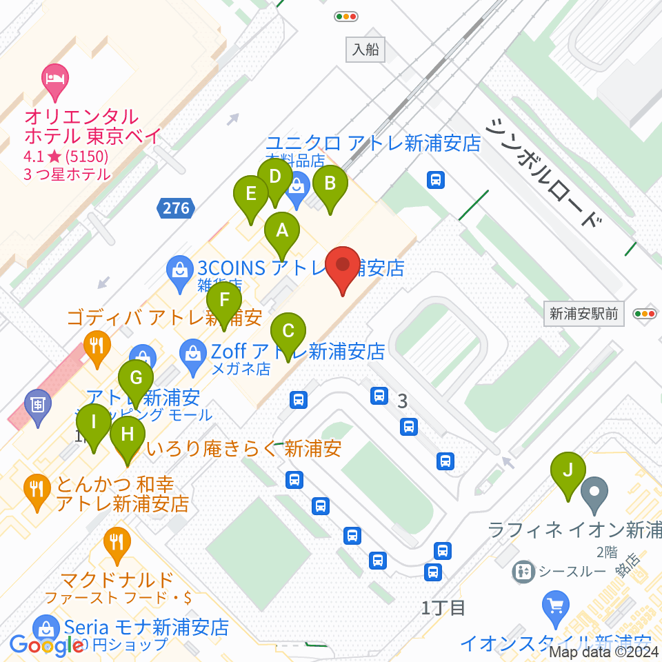 新浦安カルチャープラザ周辺のファミレス・ファーストフード一覧地図