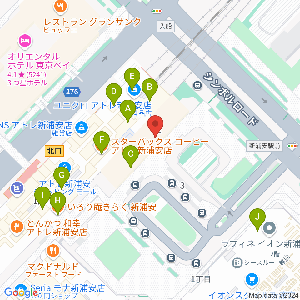 新浦安カルチャープラザ周辺のファミレス・ファーストフード一覧地図