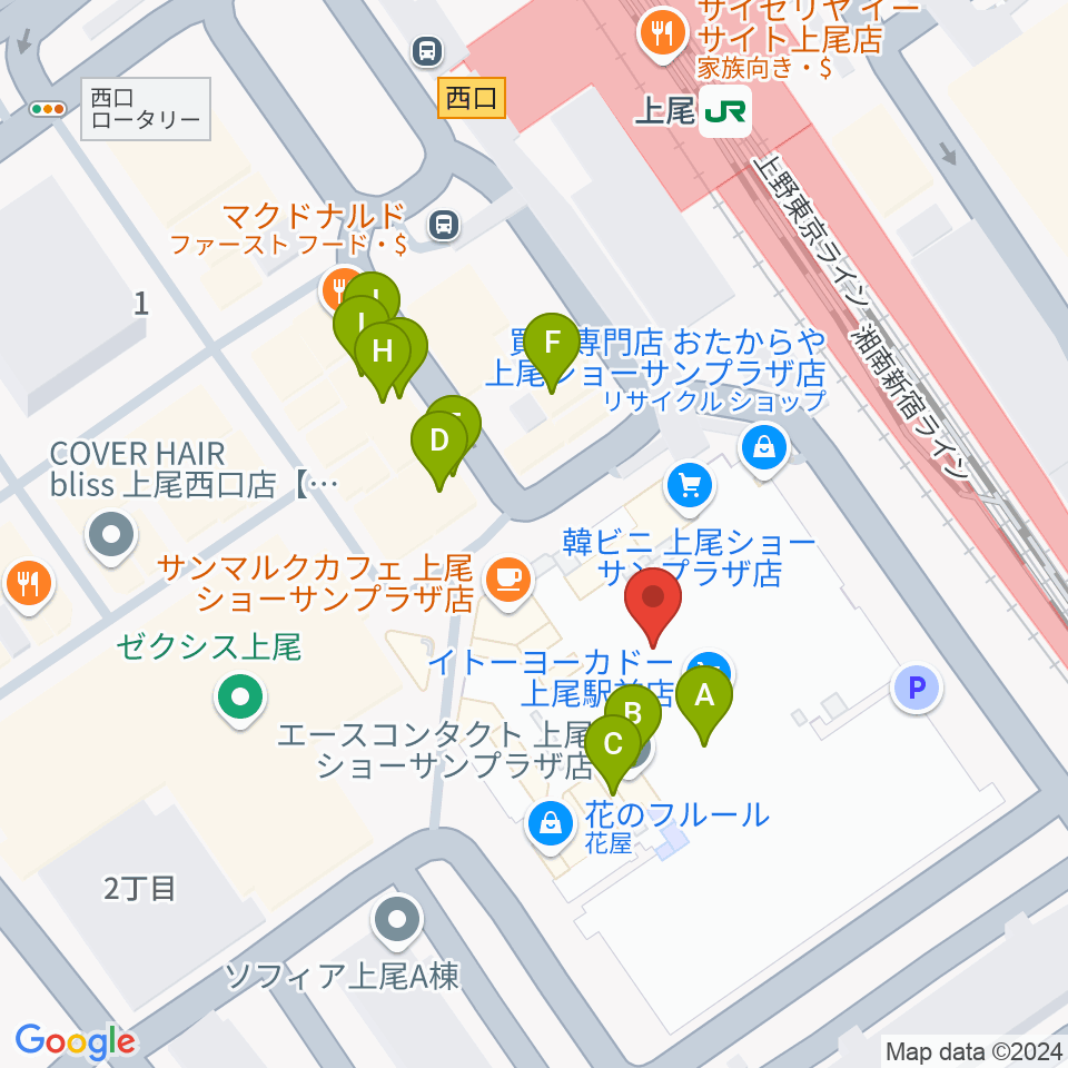 ヨークカルチャーセンター上尾周辺のファミレス・ファーストフード一覧地図