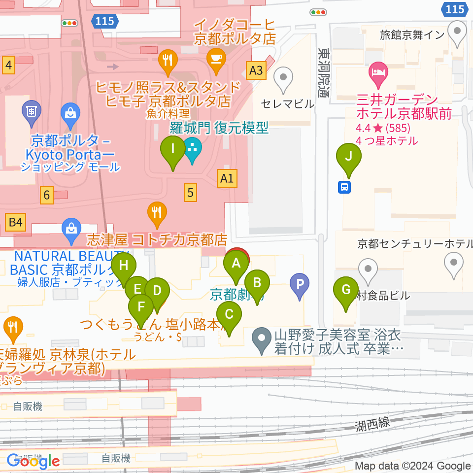 京都劇場周辺のファミレス・ファーストフード一覧地図