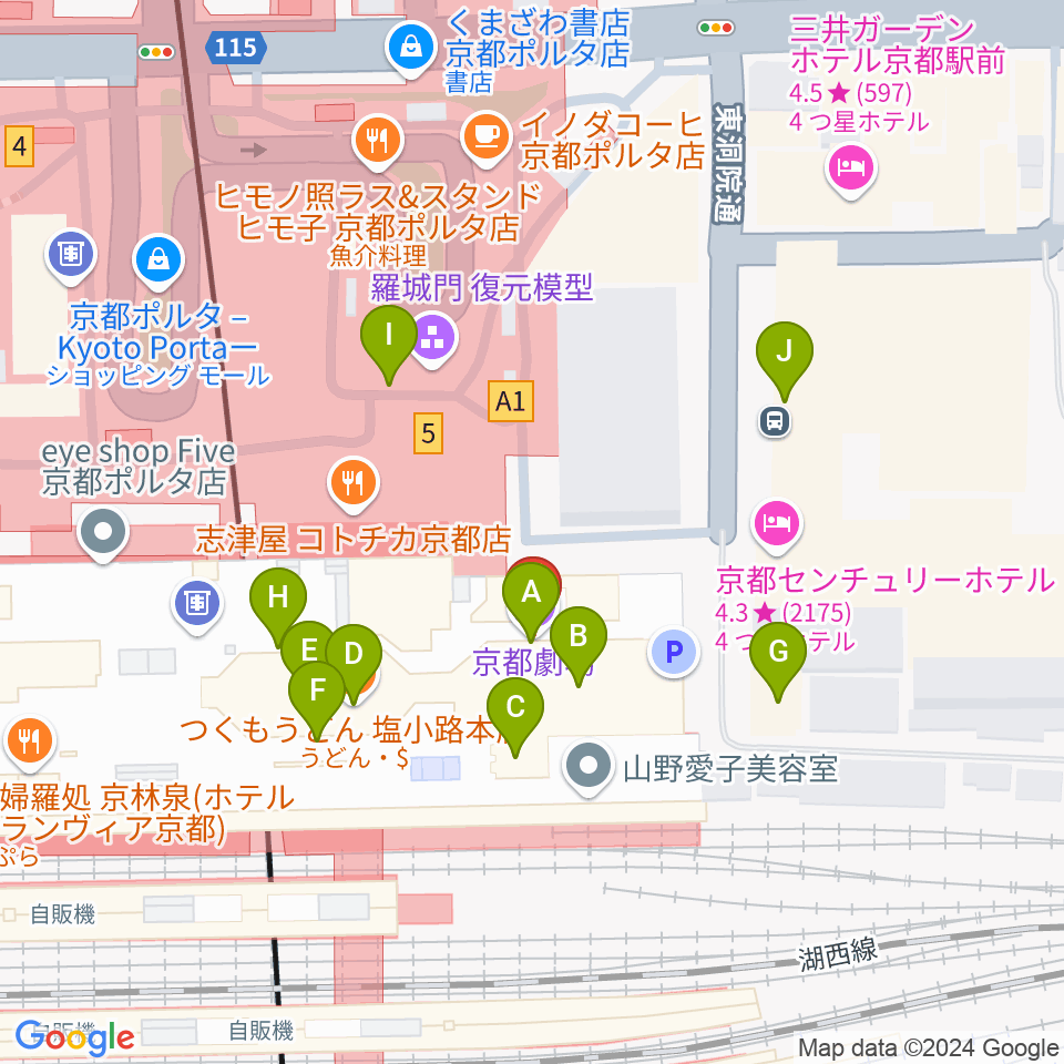 京都劇場周辺のファミレス・ファーストフード一覧地図