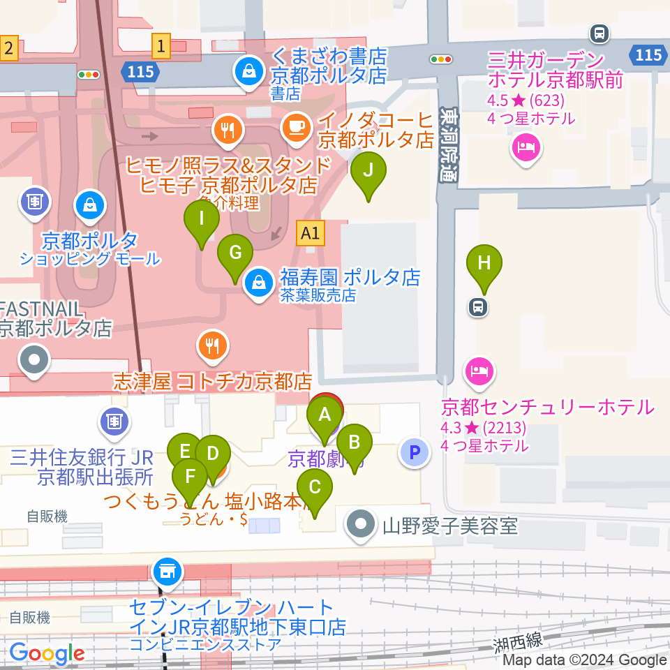 京都劇場周辺のファミレス・ファーストフード一覧地図