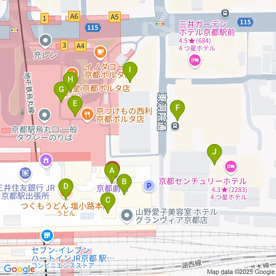 京都劇場周辺のファミレス・ファーストフード一覧地図