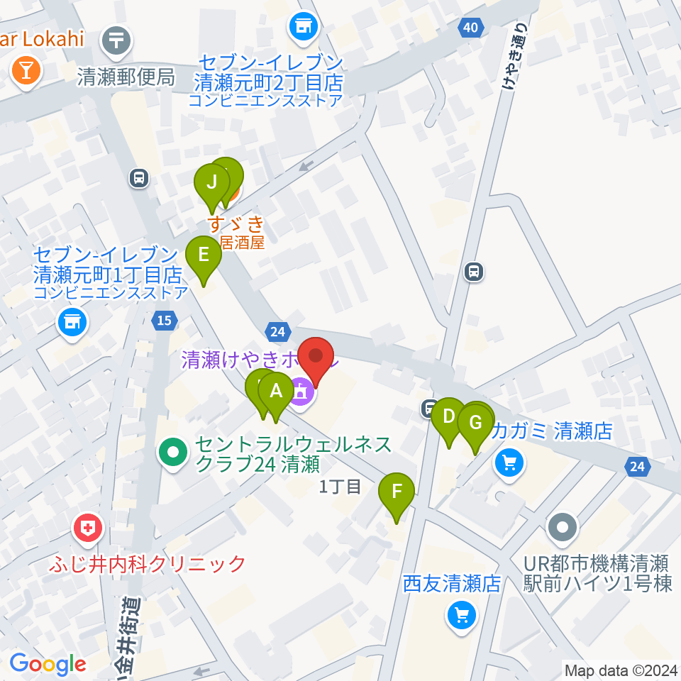 清瀬けやきホール周辺のファミレス・ファーストフード一覧地図