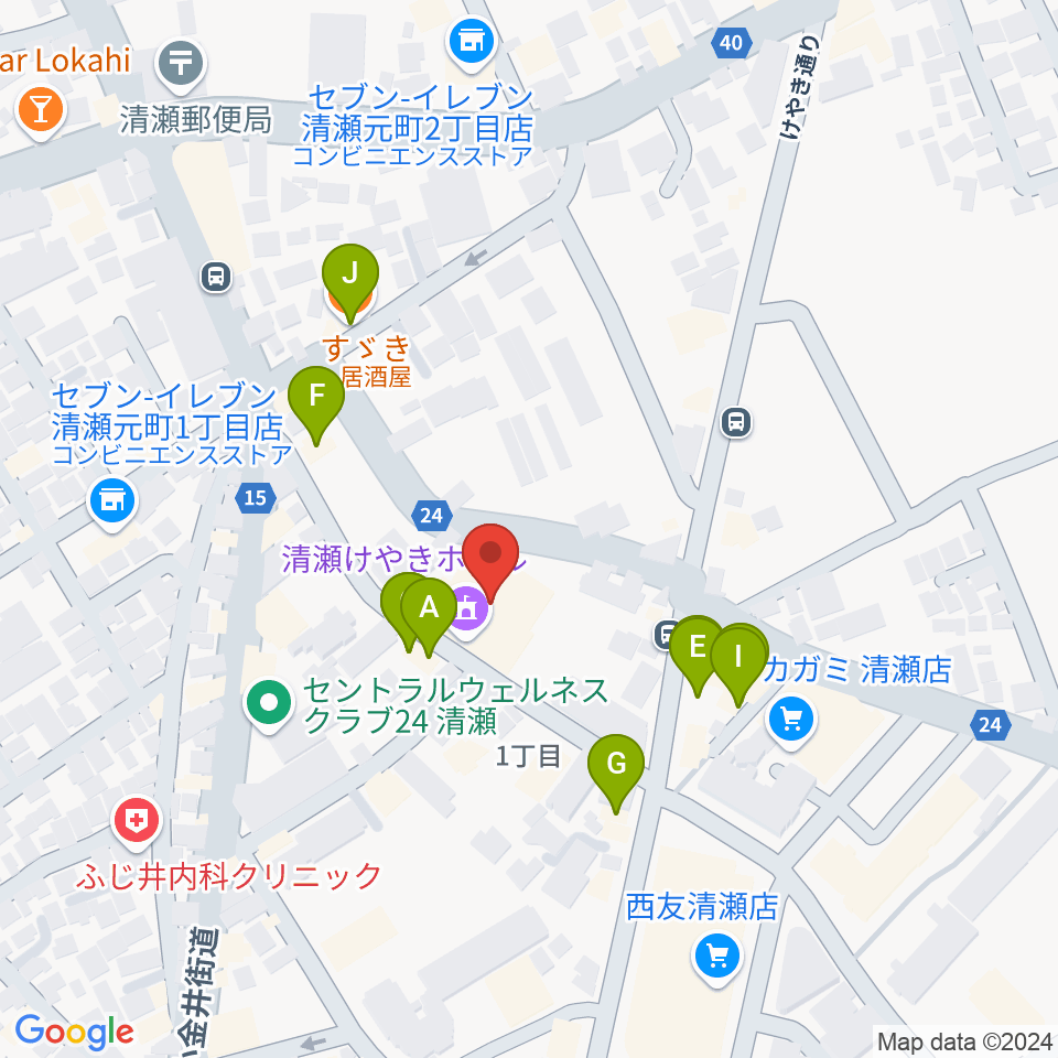 清瀬けやきホール周辺のファミレス・ファーストフード一覧地図