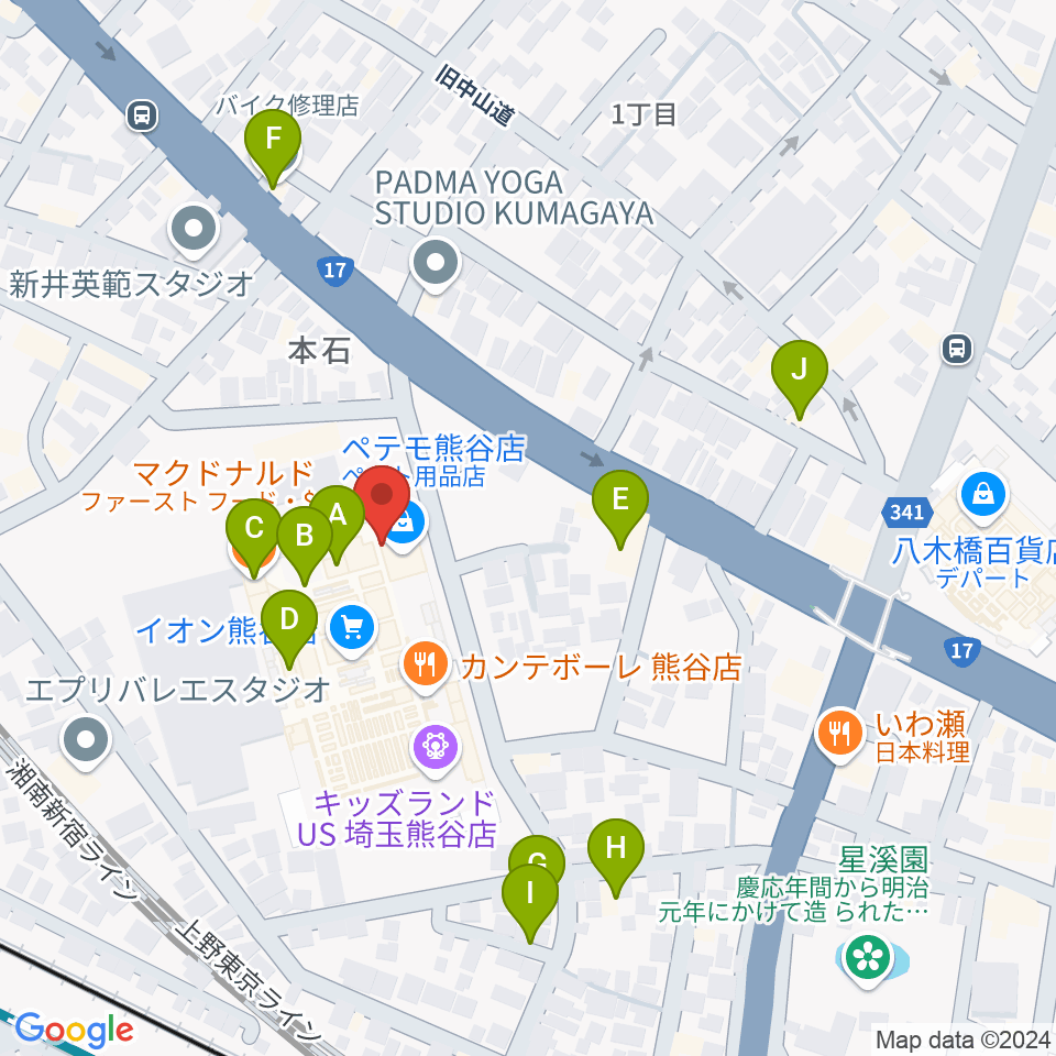 熊谷カルチャーセンター周辺のファミレス・ファーストフード一覧地図