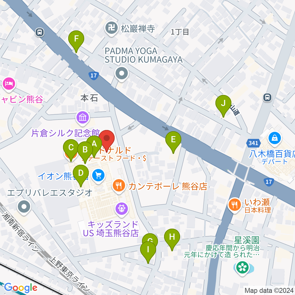 熊谷カルチャーセンター周辺のファミレス・ファーストフード一覧地図